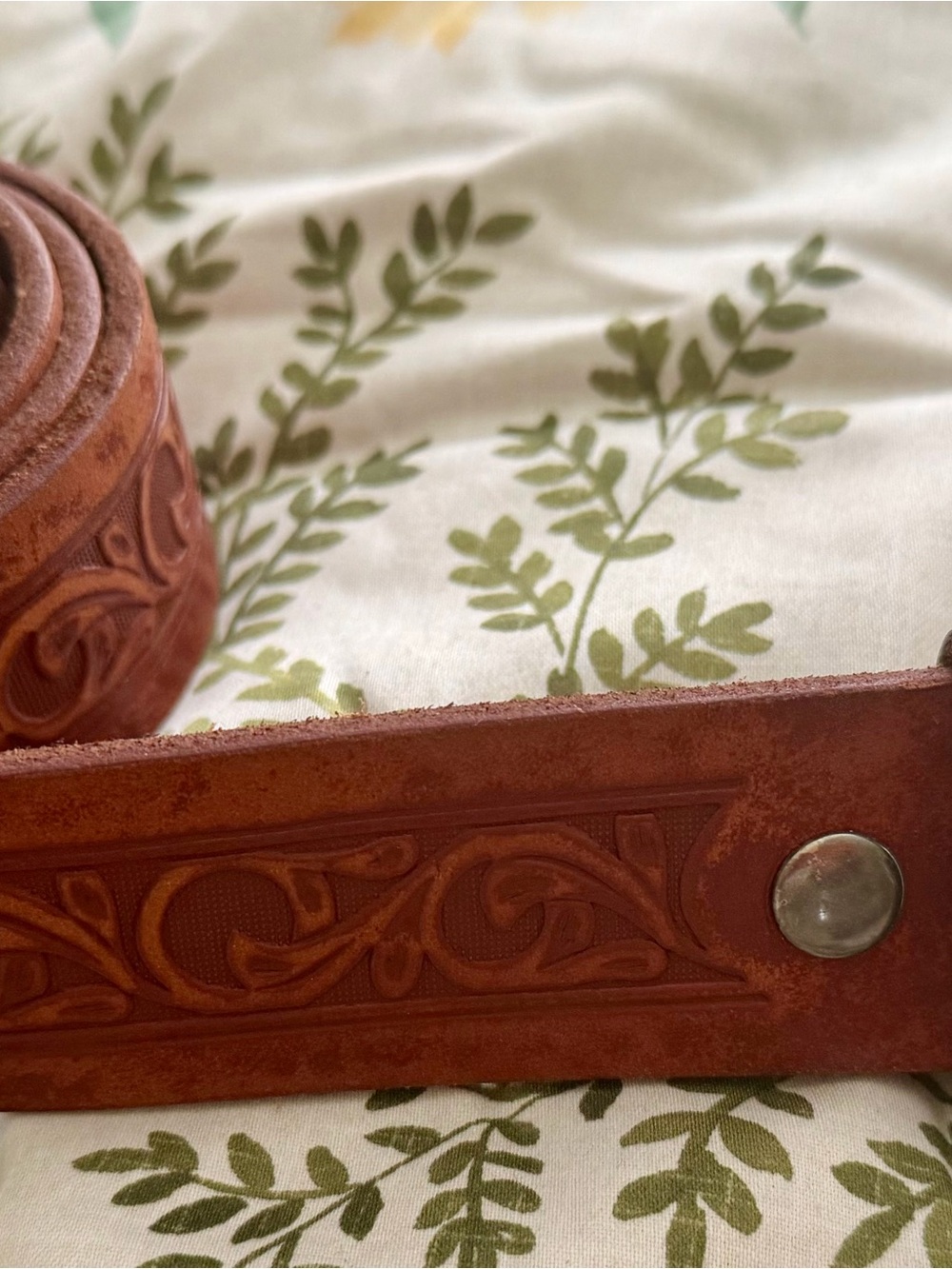 Brand New Hand-Tooled Leather Belt Segment with Floral Scroll Detail - Chestnut